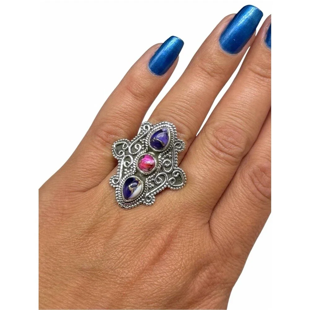 Kingman Pink Purple Dahlia Turquoise Ring Size 7 Solid 925 Sterling Silver